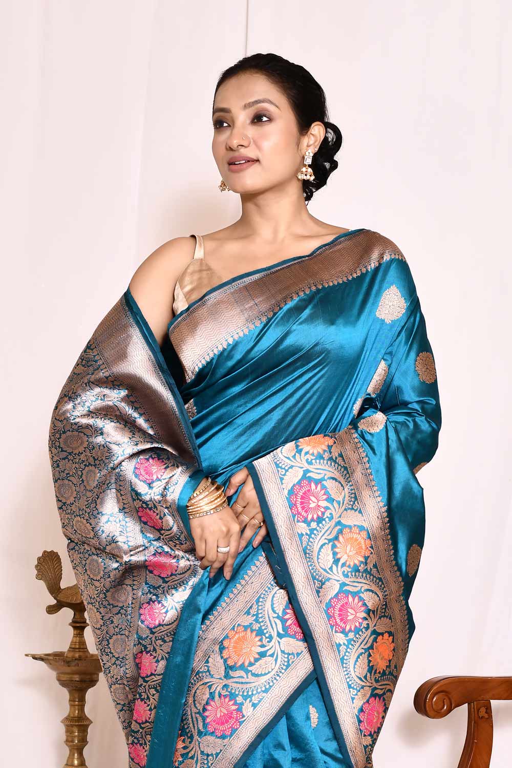 Ocean Blue Pure Katan Silk Banarasi Handloom Silk Saree