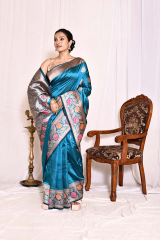 Ocean Blue Pure Katan Silk Banarasi Handloom Silk Saree