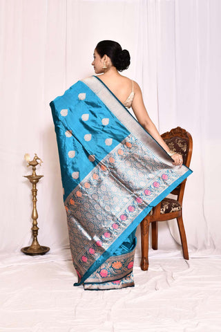 Ocean Blue Pure Katan Silk Banarasi Handloom Silk Saree