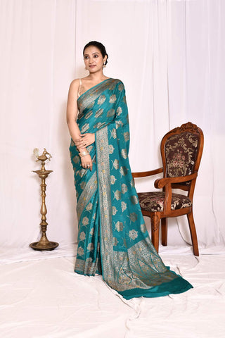 Teal Blue Pure Crepe Georgette Banarasi Handloom Silk Saree