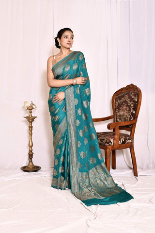 Teal Blue Pure Crepe Georgette Banarasi Handloom Silk Saree