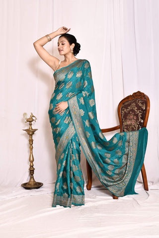 Teal Blue Pure Crepe Georgette Banarasi Handloom Silk Saree