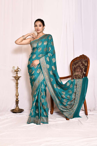 Teal Blue Pure Crepe Georgette Banarasi Handloom Silk Saree