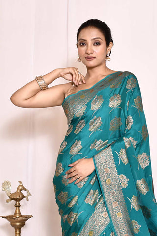 Teal Blue Pure Crepe Georgette Banarasi Handloom Silk Saree