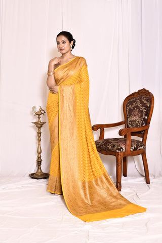 Mustard Pure Khaddi Georgette Banarasi Handloom Silk Saree