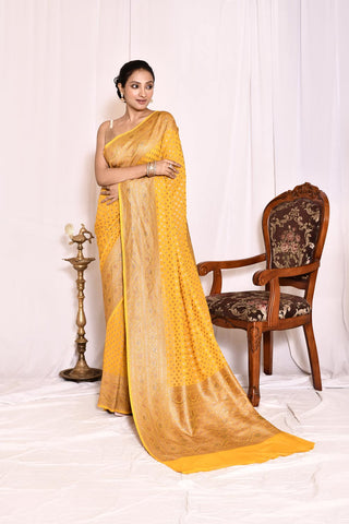 Mustard Pure Khaddi Georgette Banarasi Handloom Silk Saree