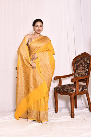 Mustard Pure Khaddi Georgette Banarasi Handloom Silk Saree