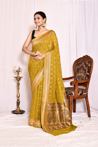 Mustard Green Pure Khaddi Georgette Banarasi Handloom Silk Saree