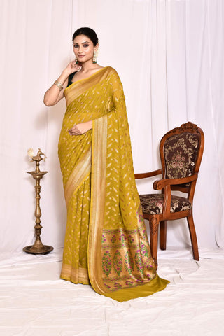 Mustard Green Pure Khaddi Georgette Banarasi Handloom Silk Saree