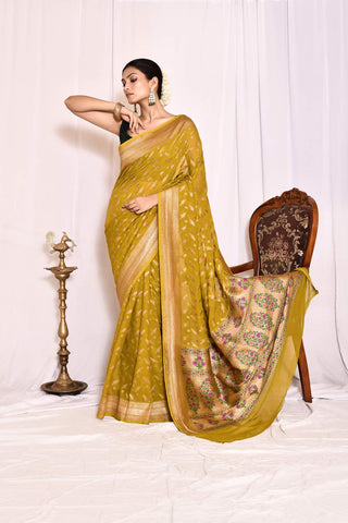 Mustard Green Pure Khaddi Georgette Banarasi Handloom Silk Saree