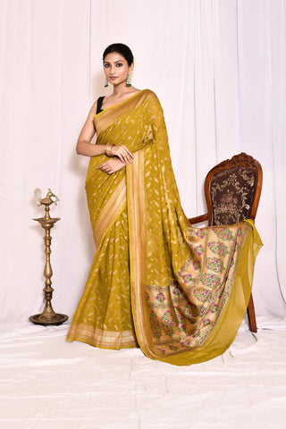 Mustard Green Pure Khaddi Georgette Banarasi Handloom Silk Saree