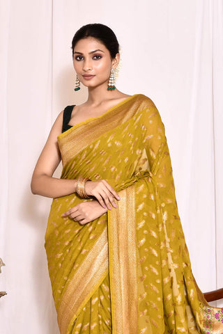 Mustard Green Pure Khaddi Georgette Banarasi Handloom Silk Saree