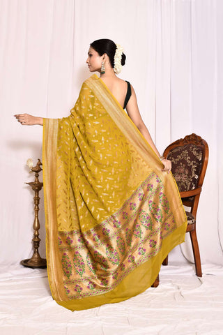 Mustard Green Pure Khaddi Georgette Banarasi Handloom Silk Saree