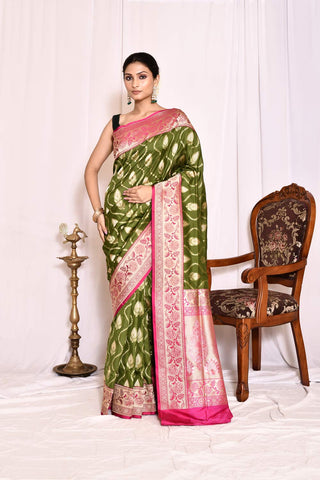 Mehendi Green Pure Katan Silk Banarasi Handloom Silk Saree