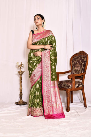 Mehendi Green Pure Katan Silk Banarasi Handloom Silk Saree