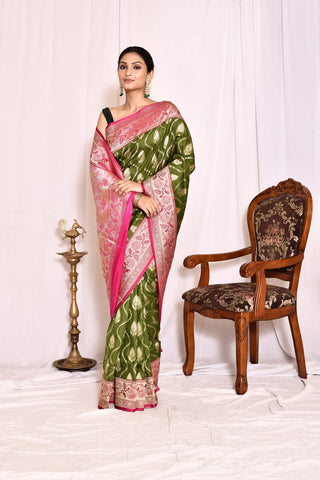 Mehendi Green Pure Katan Silk Banarasi Handloom Silk Saree