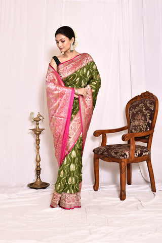 Mehendi Green Pure Katan Silk Banarasi Handloom Silk Saree