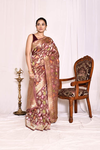 Russet Brown Pure Katan Silk Banarasi Handloom Silk Saree