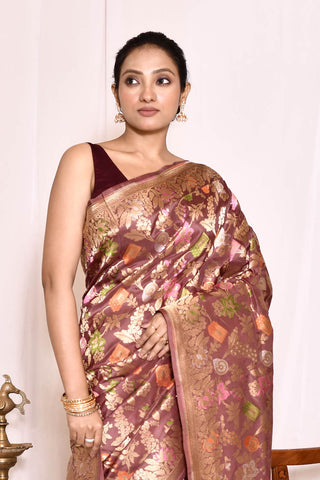 Russet Brown Pure Katan Silk Banarasi Handloom Silk Saree