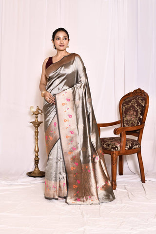 Steel Grey Pure Katan Silk Banarasi Handloom Silk Saree