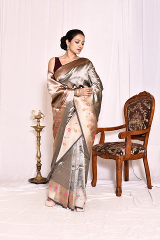 Steel Grey Pure Katan Silk Banarasi Handloom Silk Saree