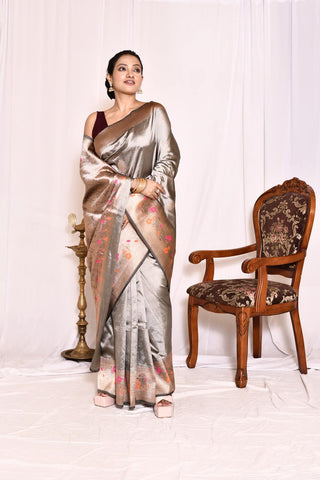 Steel Grey Pure Katan Silk Banarasi Handloom Silk Saree