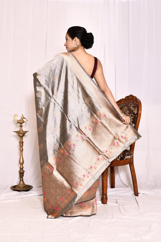 Steel Grey Pure Katan Silk Banarasi Handloom Silk Saree