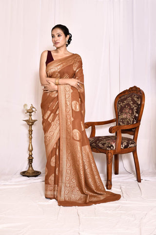 Brown Pure Khaddi Georgette Banarasi Handloom Silk Saree