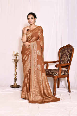 Brown Pure Khaddi Georgette Banarasi Handloom Silk Saree