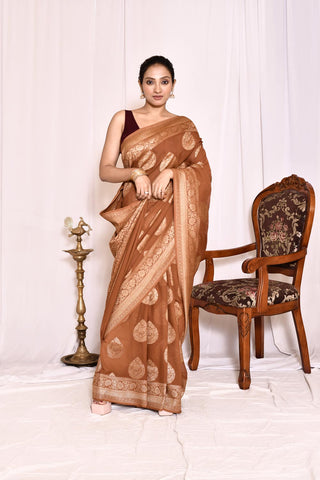 Brown Pure Khaddi Georgette Banarasi Handloom Silk Saree