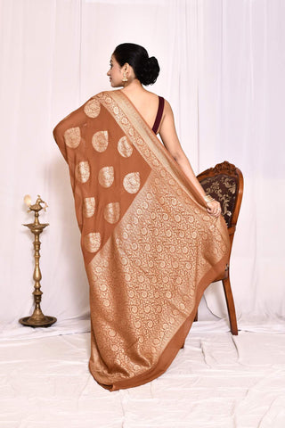 Brown Pure Khaddi Georgette Banarasi Handloom Silk Saree