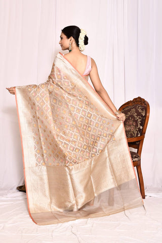 Ivory Grey Pure Kora Silk Georgette Banarasi Handloom Silk Saree