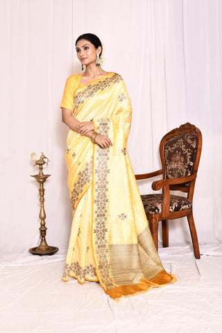 Yellow Pure Tussar Silk Banarasi Handloom Silk Saree