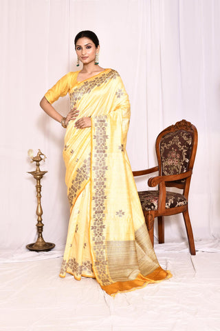 Yellow Pure Tussar Silk Banarasi Handloom Silk Saree