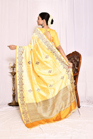 Yellow Pure Tussar Silk Banarasi Handloom Silk Saree