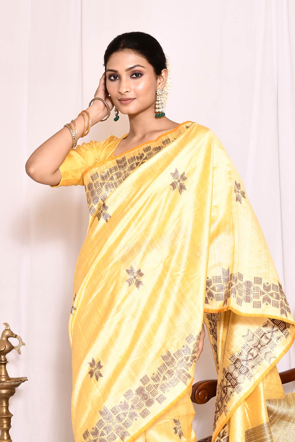 Yellow Pure Tussar Silk Banarasi Handloom Silk Saree