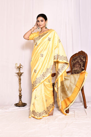 Yellow Pure Tussar Silk Banarasi Handloom Silk Saree