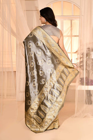 Metallic Grey Banarasi Tissue Handloom Saree