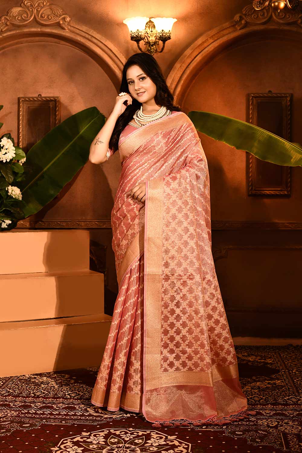Pastel Pink Shade Banarasi Tissue Handloom Sarees