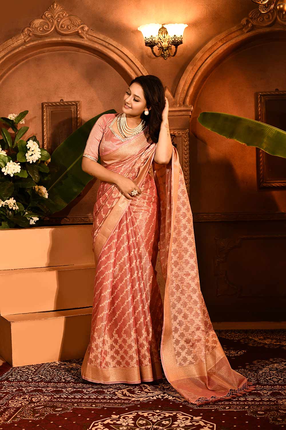 Pastel Pink Banarasi Tissue Handloom Sarees