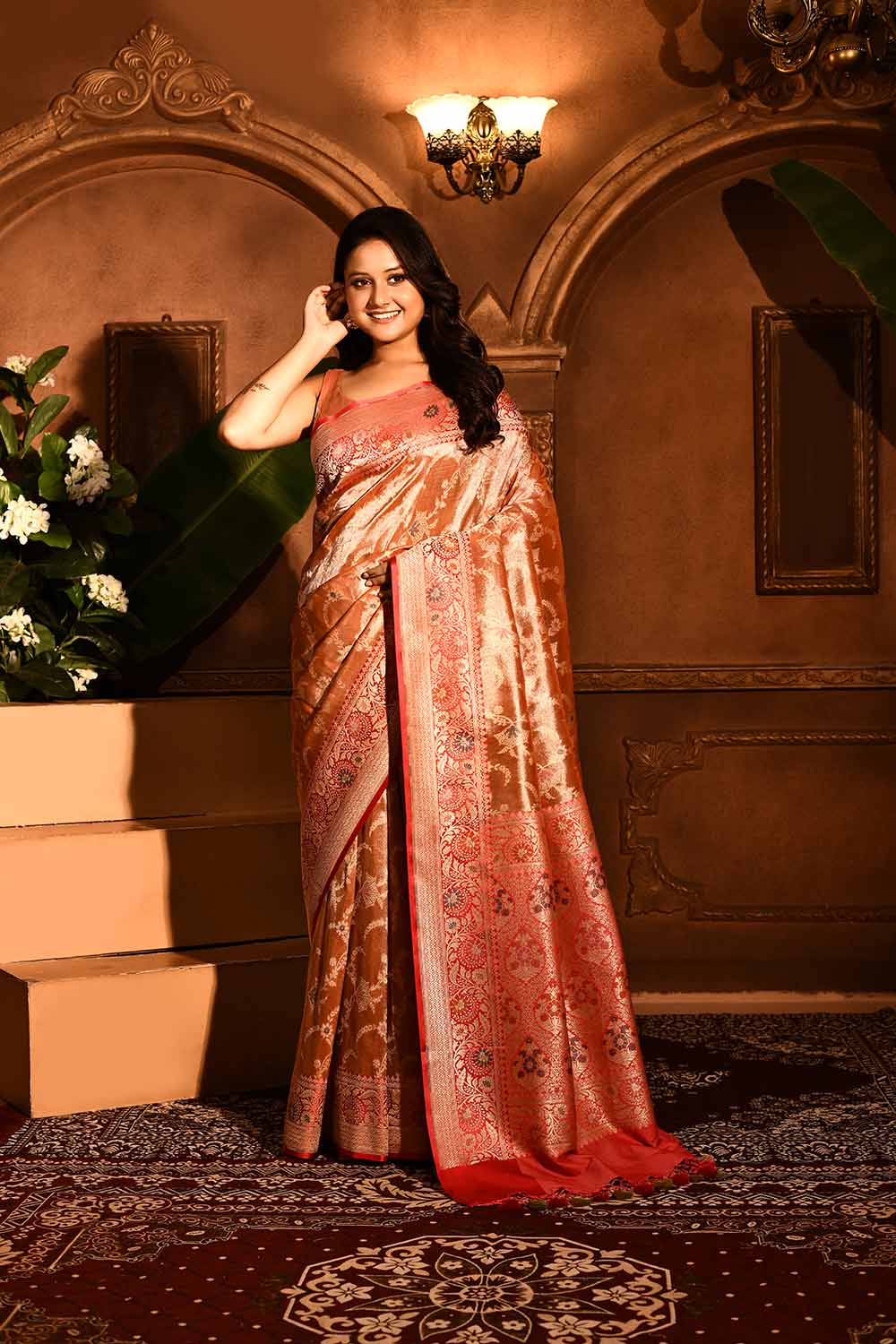 Coral Peach with a Contrast Meenakari Border in Subtle tone Of Red