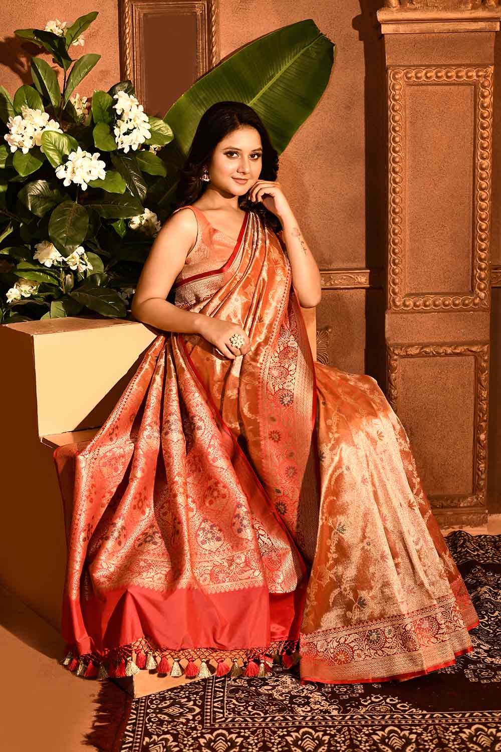 Coral Peach with a Contrast Meenakari Border in Subtle tone Of Red