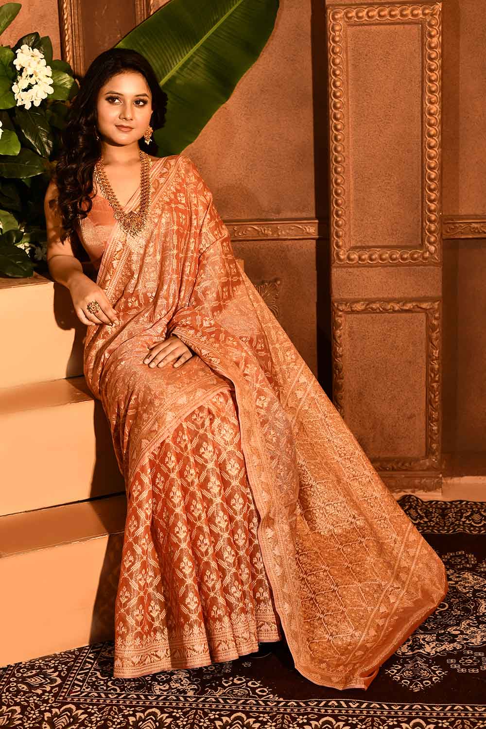 Coral Peach Banarasi Tissue Handloom Sarees