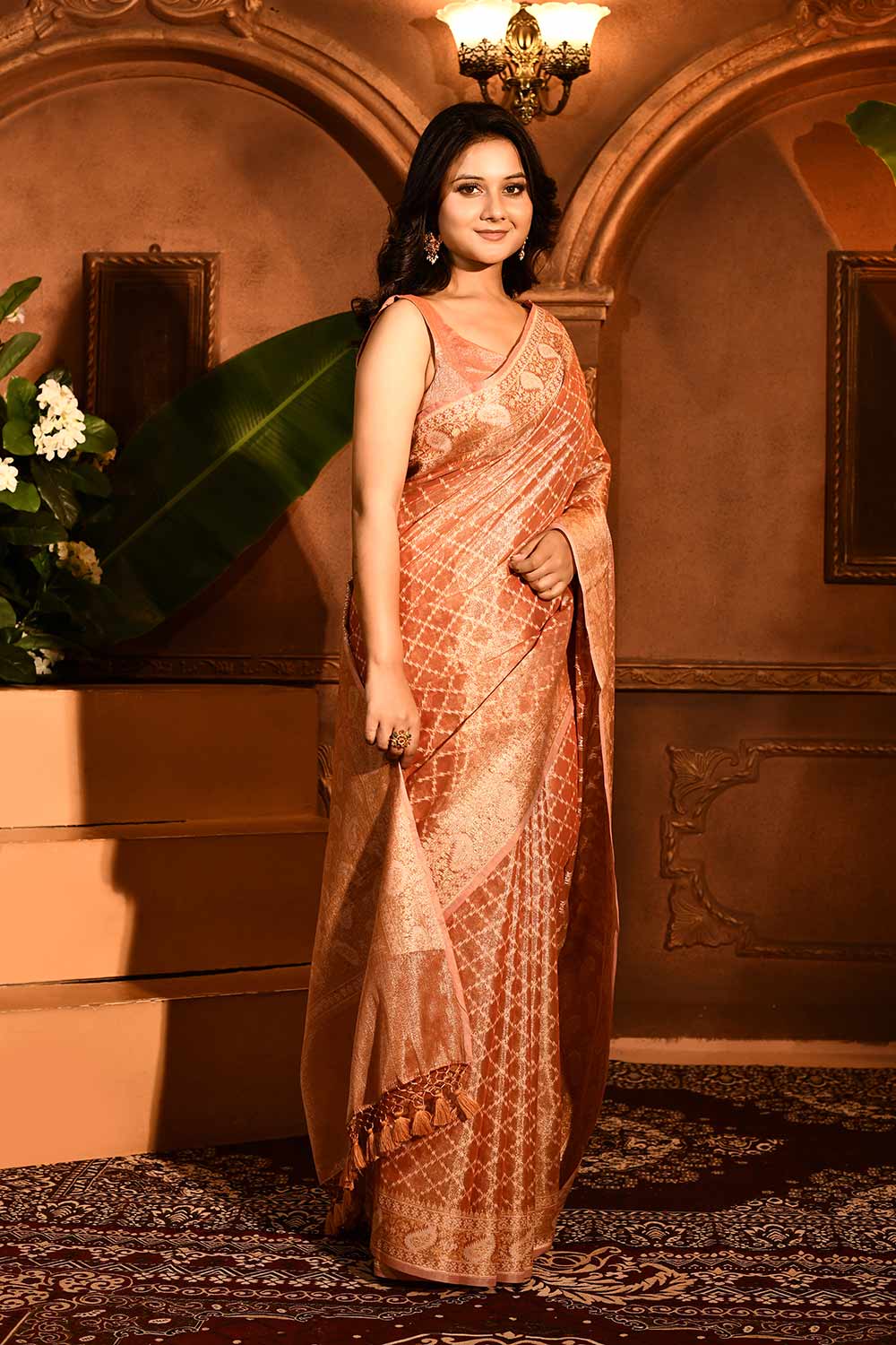 Coral Peach Banarasi Tissue Handloom Saree