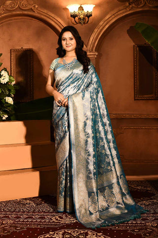 Pastel Sky Blue Banarasi Tissue Handloom Saree
