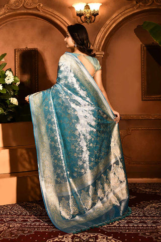 Pastel Sky Blue Banarasi Tissue Handloom Saree