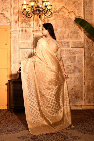 Tussar Beige Gold Banarasi Tissue Handloom Saree