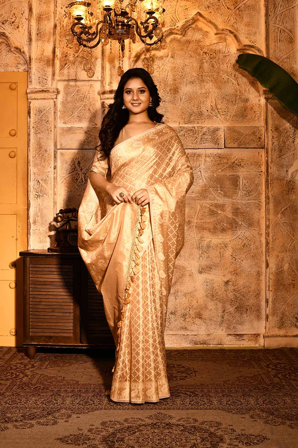 Tussar Beige Gold Banarasi Tissue Handloom Saree