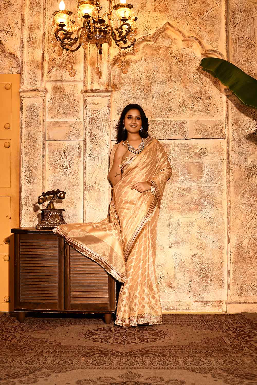 Tussar Beige Gold Banarasi Tissue Handloom Saree