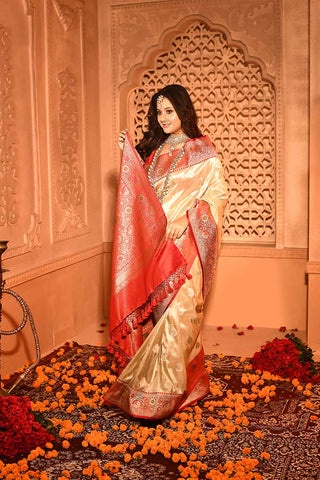 Beige Gold Banarasi Tissue Handloom Saree with Contrast Meenakari Border in Red